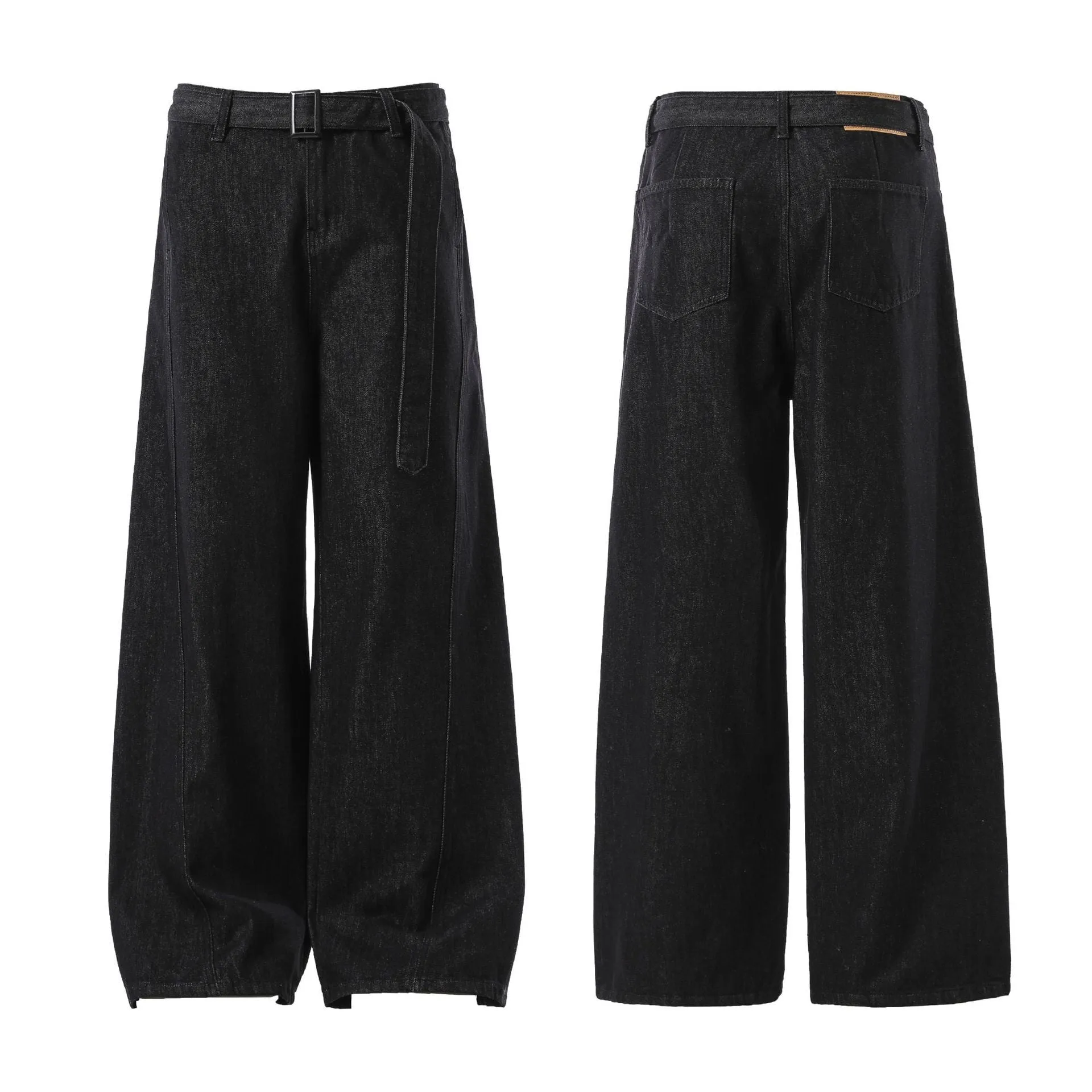 Black high waist straight leg jeans with gold stitching in American retro style