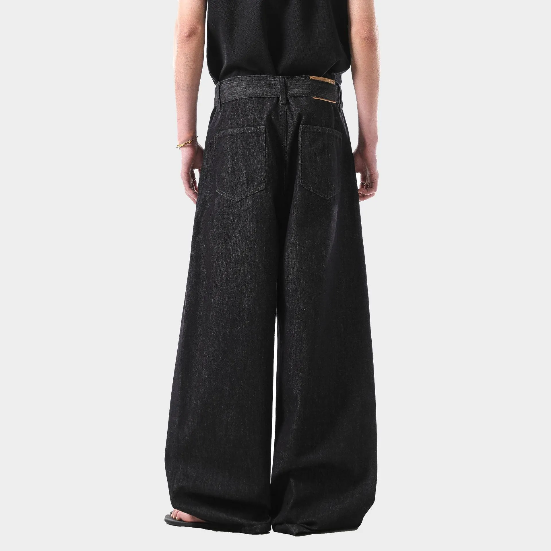 Black high waist straight leg jeans with gold stitching in American retro style