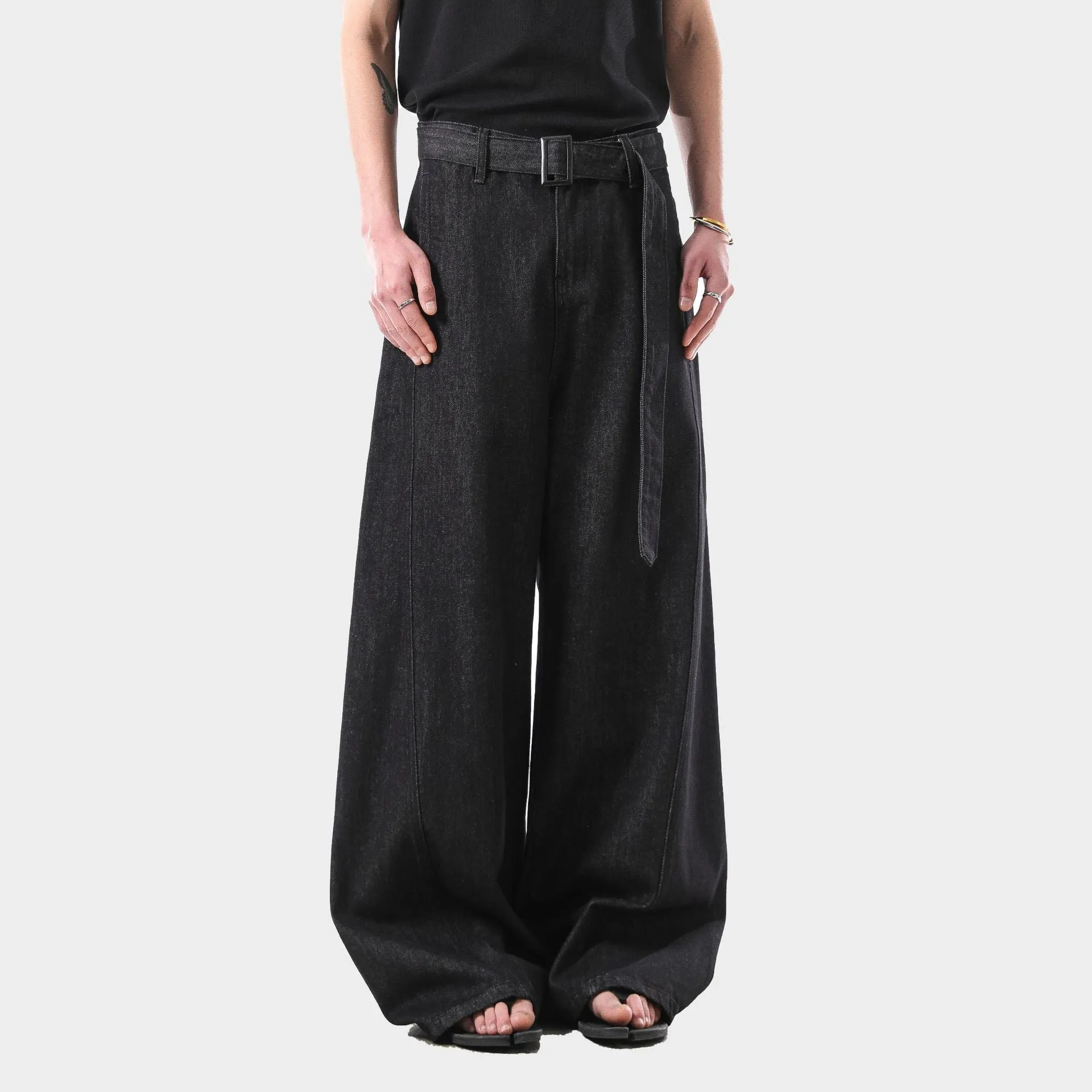 Black high waist straight leg jeans with gold stitching in American retro style