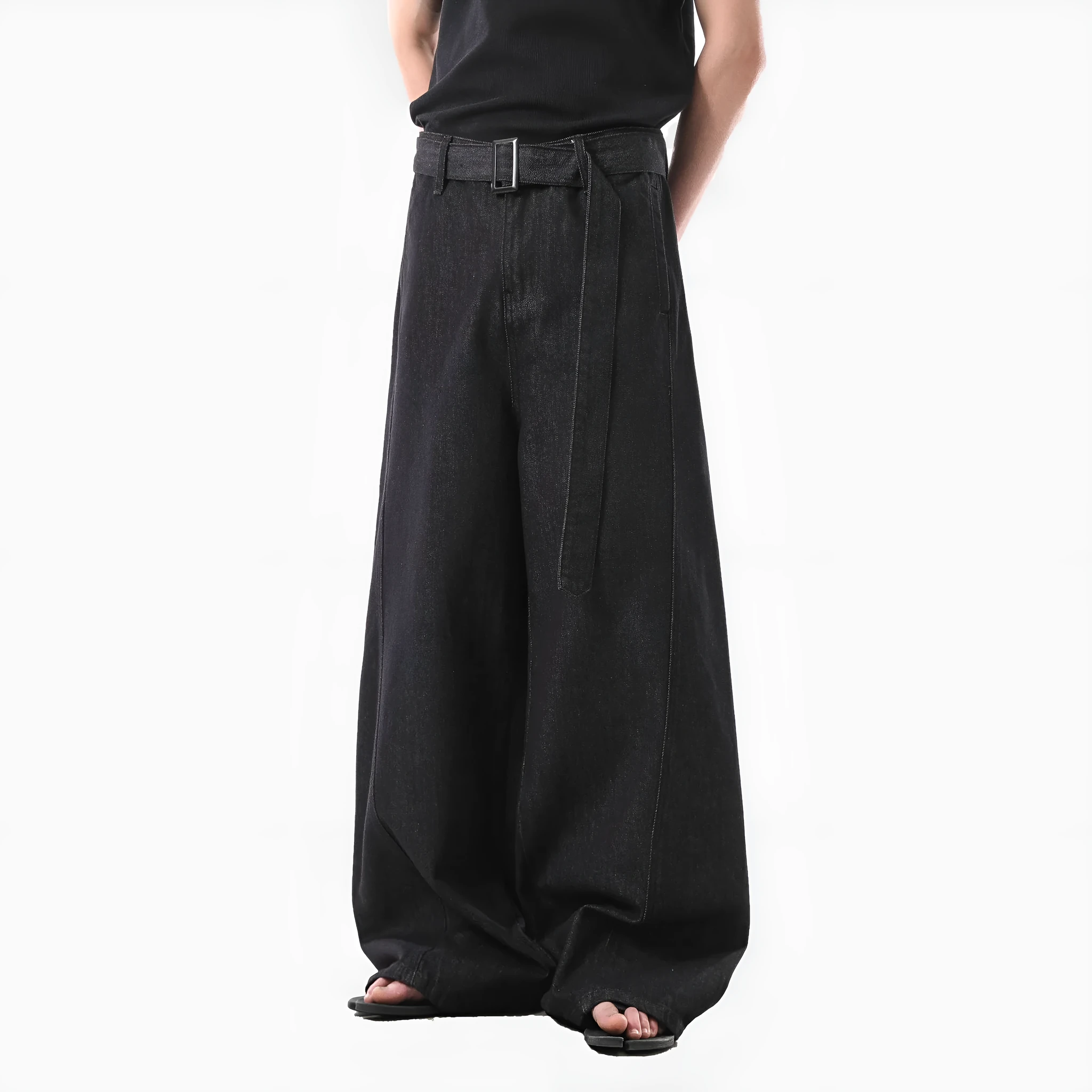 Black high waist straight leg jeans with gold stitching in American retro style