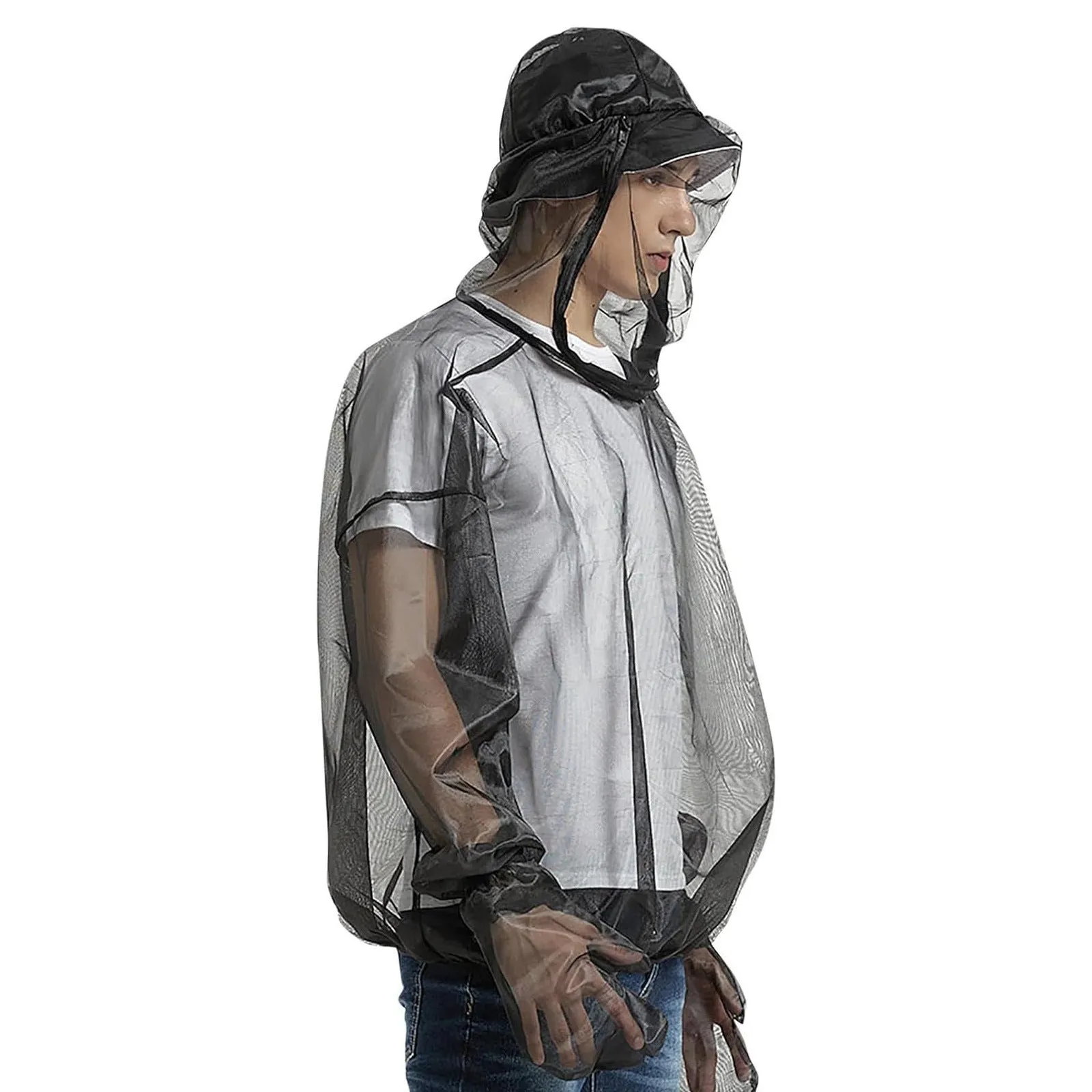 Black anti-mosquito net jacket with hood made from lightweight breathable polyester fibre