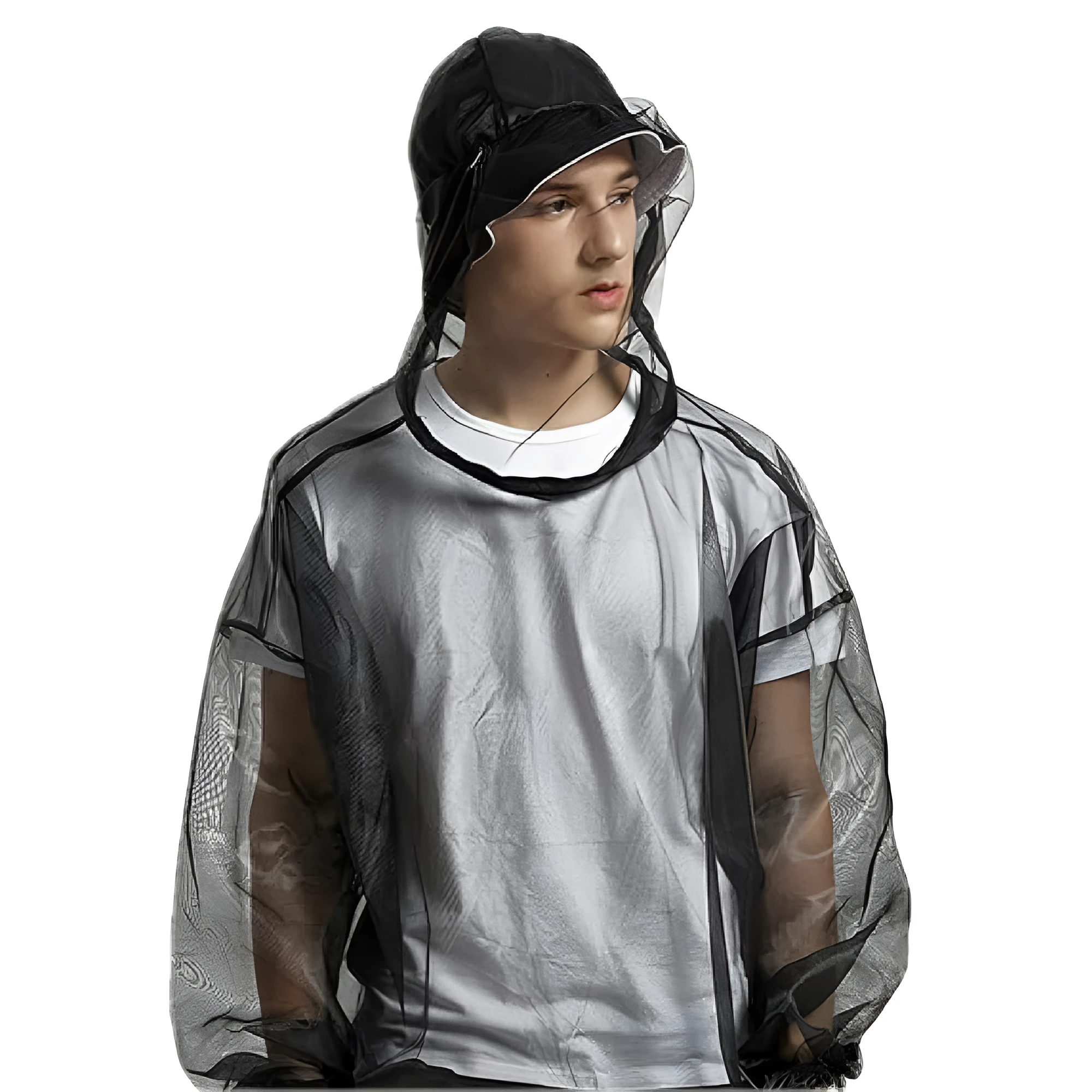 Black anti-mosquito net jacket with hood made from lightweight breathable polyester fibre