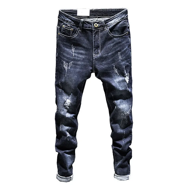 Slim-fit men's jeans in dark blue and light blue with micro-elasticity cotton denim fabric