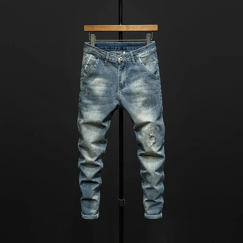 Slim-fit men's jeans in dark blue and light blue with micro-elasticity cotton denim fabric
