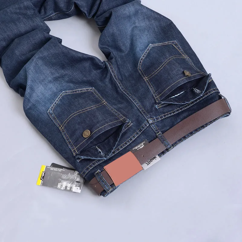 Men's straight slim jeans in dark blue with stackable leg, 35% cotton, water-washed finish, sizes 28-38