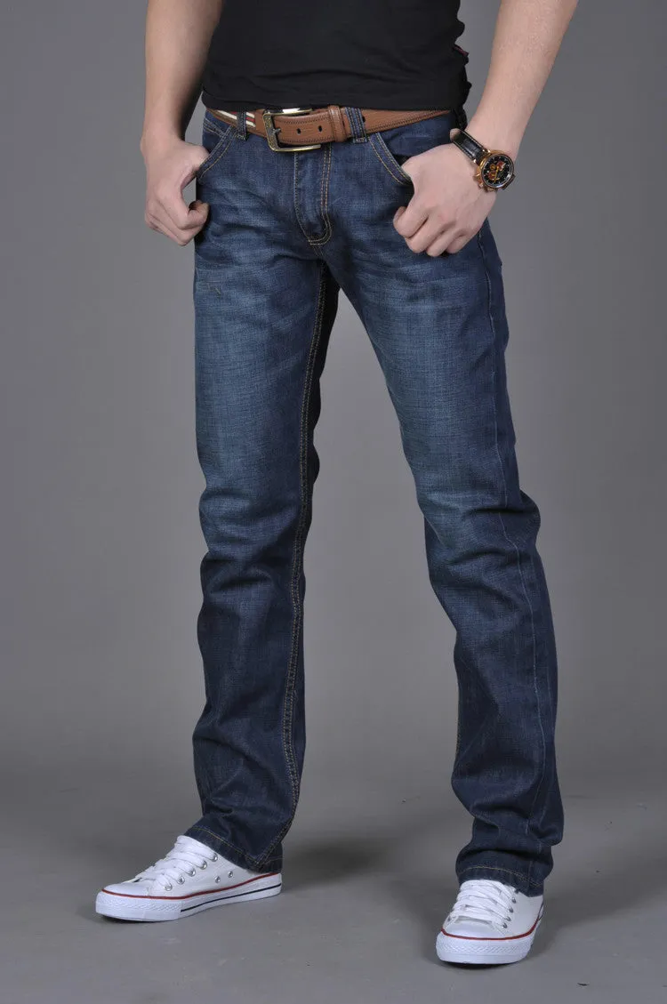 Men's straight slim jeans in dark blue with stackable leg, 35% cotton, water-washed finish, sizes 28-38