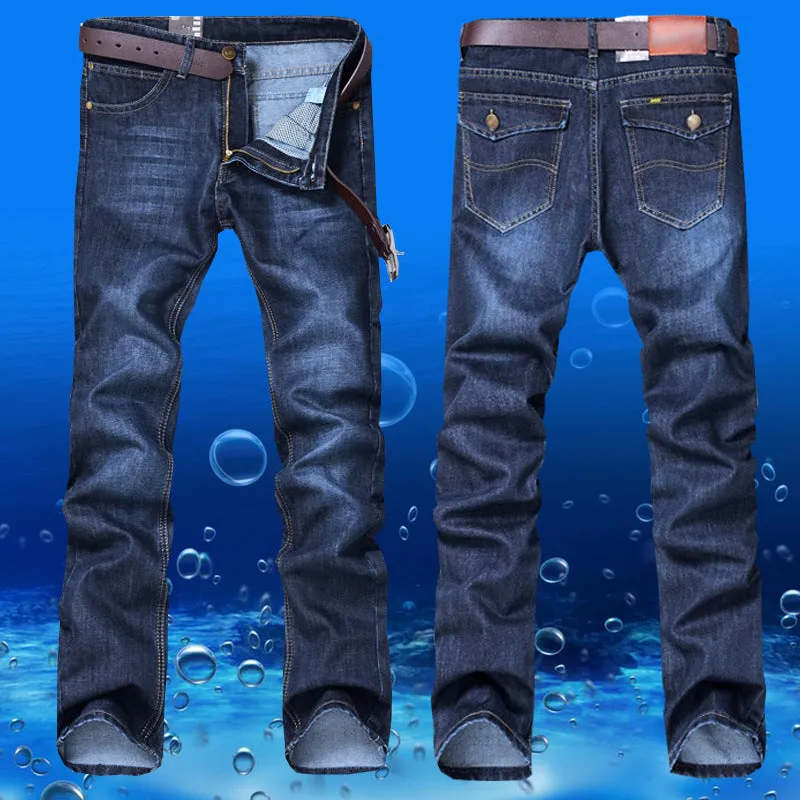 Men's straight slim jeans in dark blue with stackable leg, 35% cotton, water-washed finish, sizes 28-38