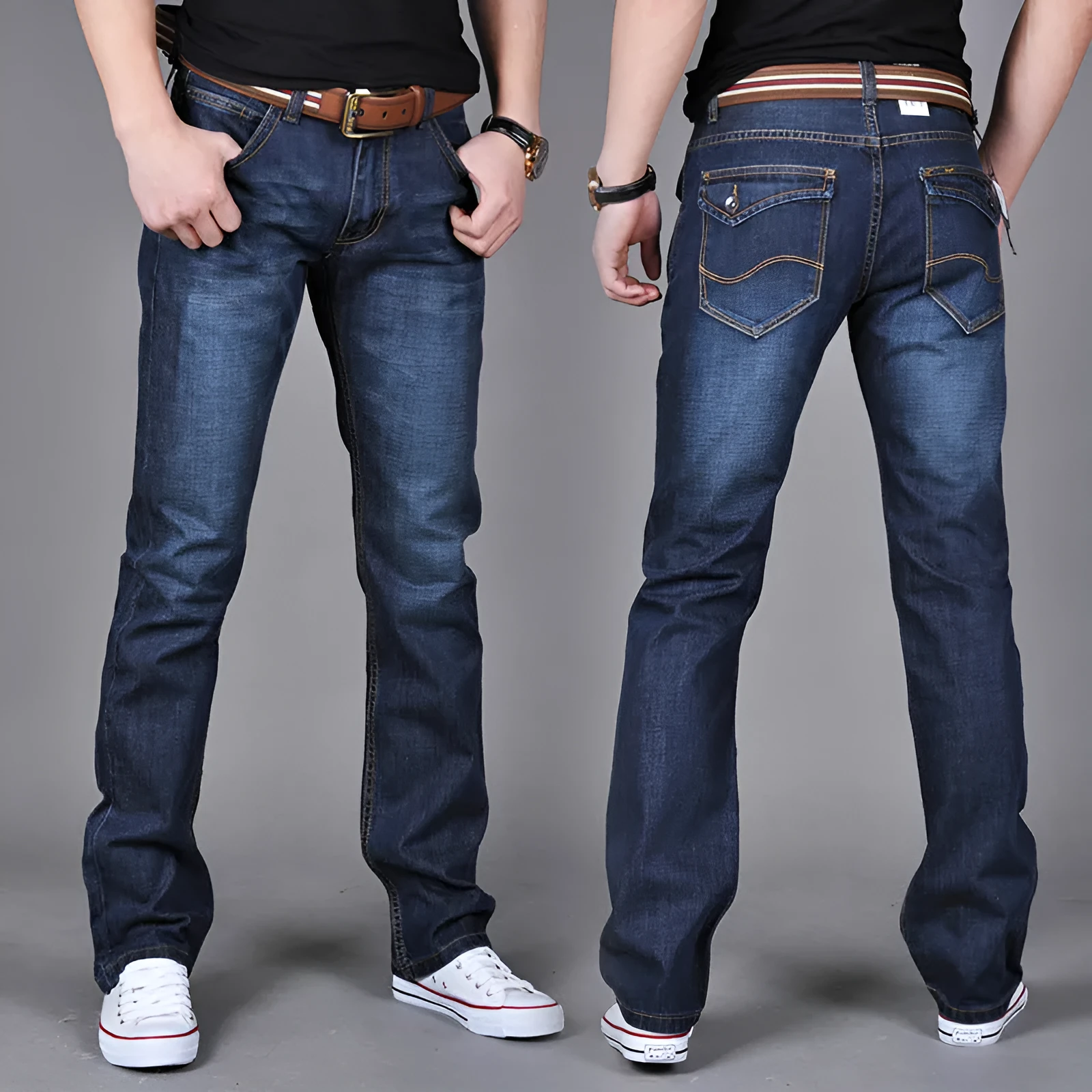 Men's straight slim jeans in dark blue with stackable leg, 35% cotton, water-washed finish, sizes 28-38