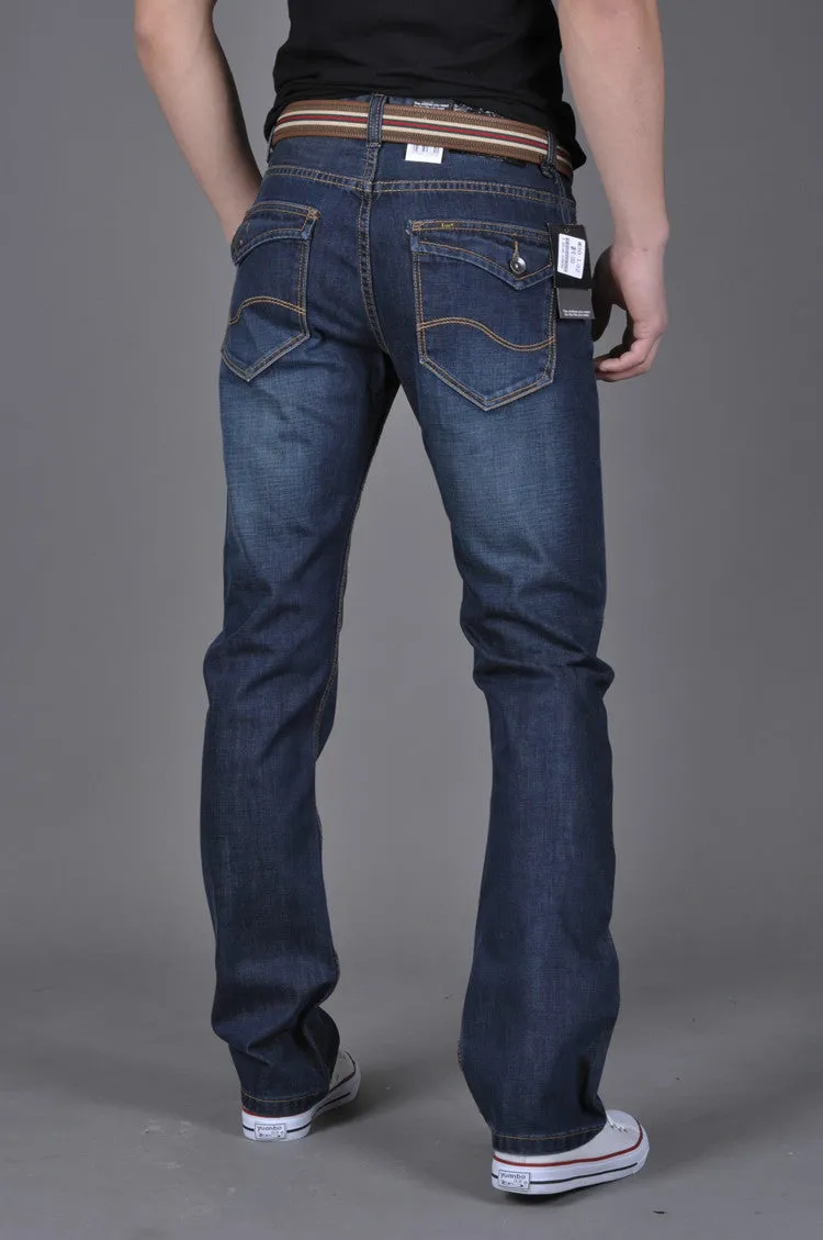 Men's straight slim jeans in dark blue with stackable leg, 35% cotton, water-washed finish, sizes 28-38