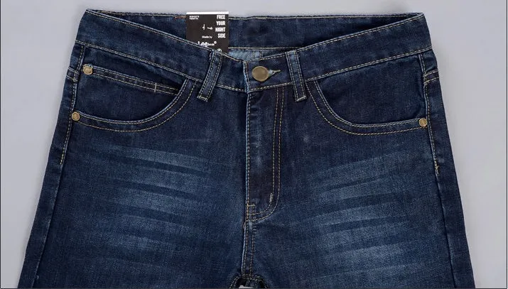 Men's straight slim jeans in dark blue with stackable leg, 35% cotton, water-washed finish, sizes 28-38