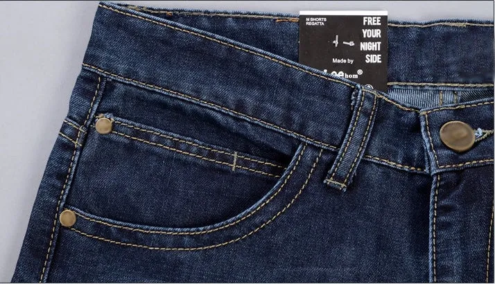 Men's straight slim jeans in dark blue with stackable leg, 35% cotton, water-washed finish, sizes 28-38