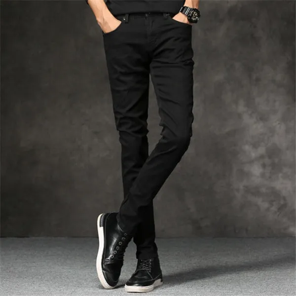 Slim-fit stretch cotton men's pants in black, laid flat showing tight cut and full length