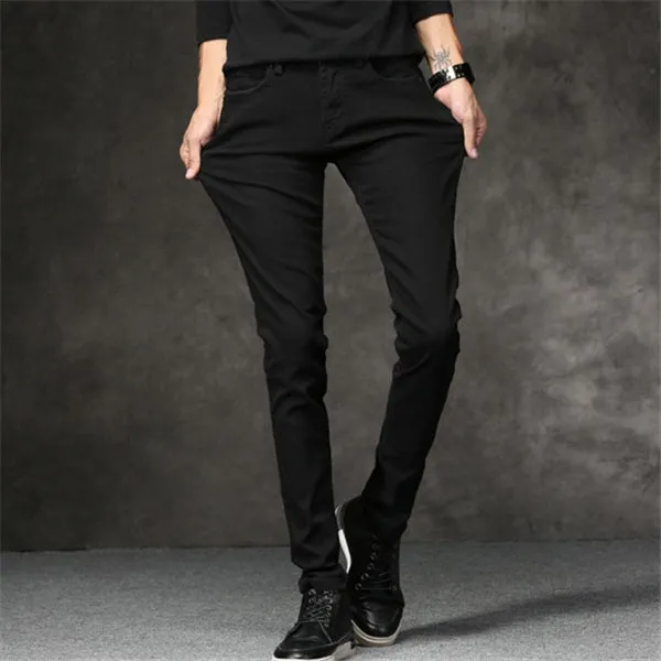 Slim-fit stretch cotton men's pants in black, laid flat showing tight cut and full length