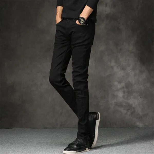 Slim-fit stretch cotton men's pants in black, laid flat showing tight cut and full length