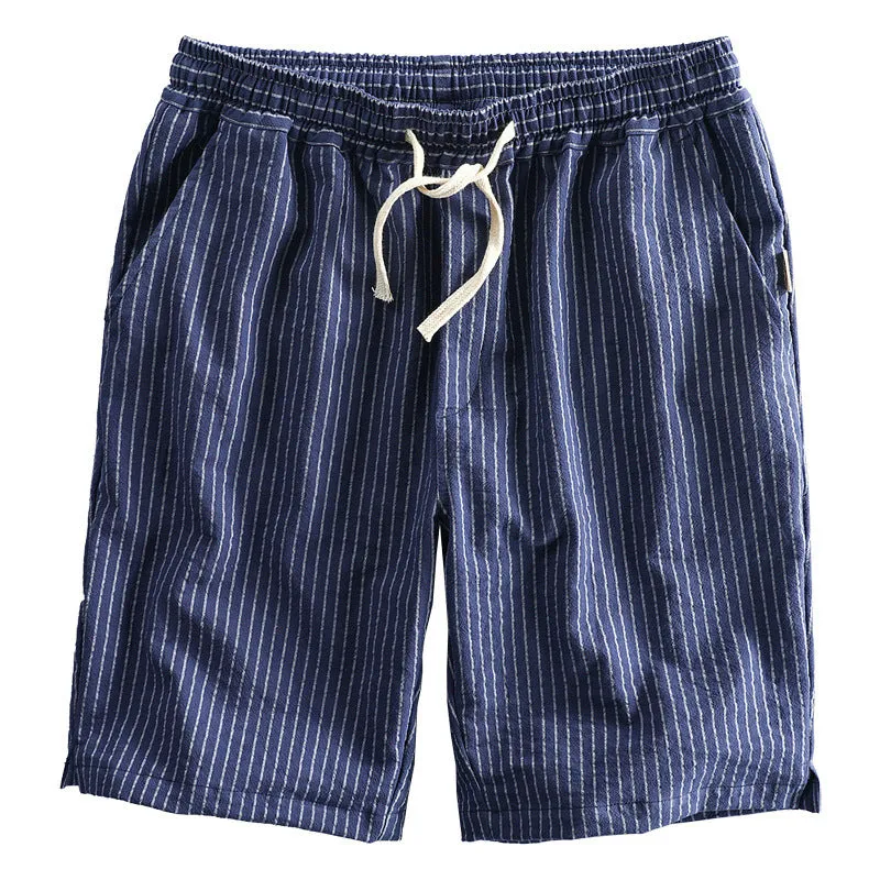 Men's striped casual cotton shorts in loose straight leg fit with micro elasticity
