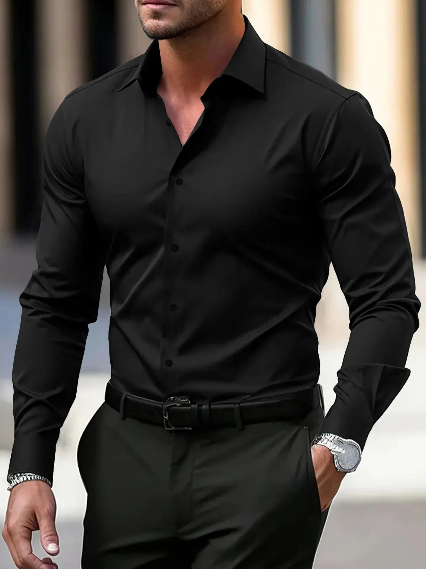 Men's long sleeve solid colour button down shirt with lapel collar in navy blue polyester velvet fabric