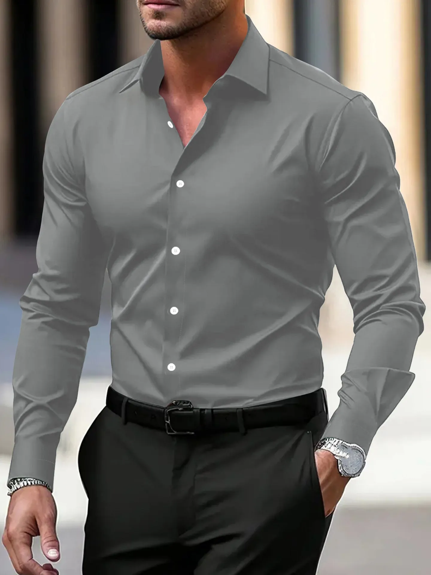 Men's long sleeve solid colour button down shirt with lapel collar in navy blue polyester velvet fabric