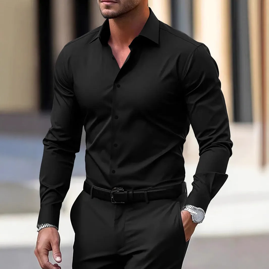 Men's long sleeve solid colour button down shirt with lapel collar in navy blue polyester velvet fabric