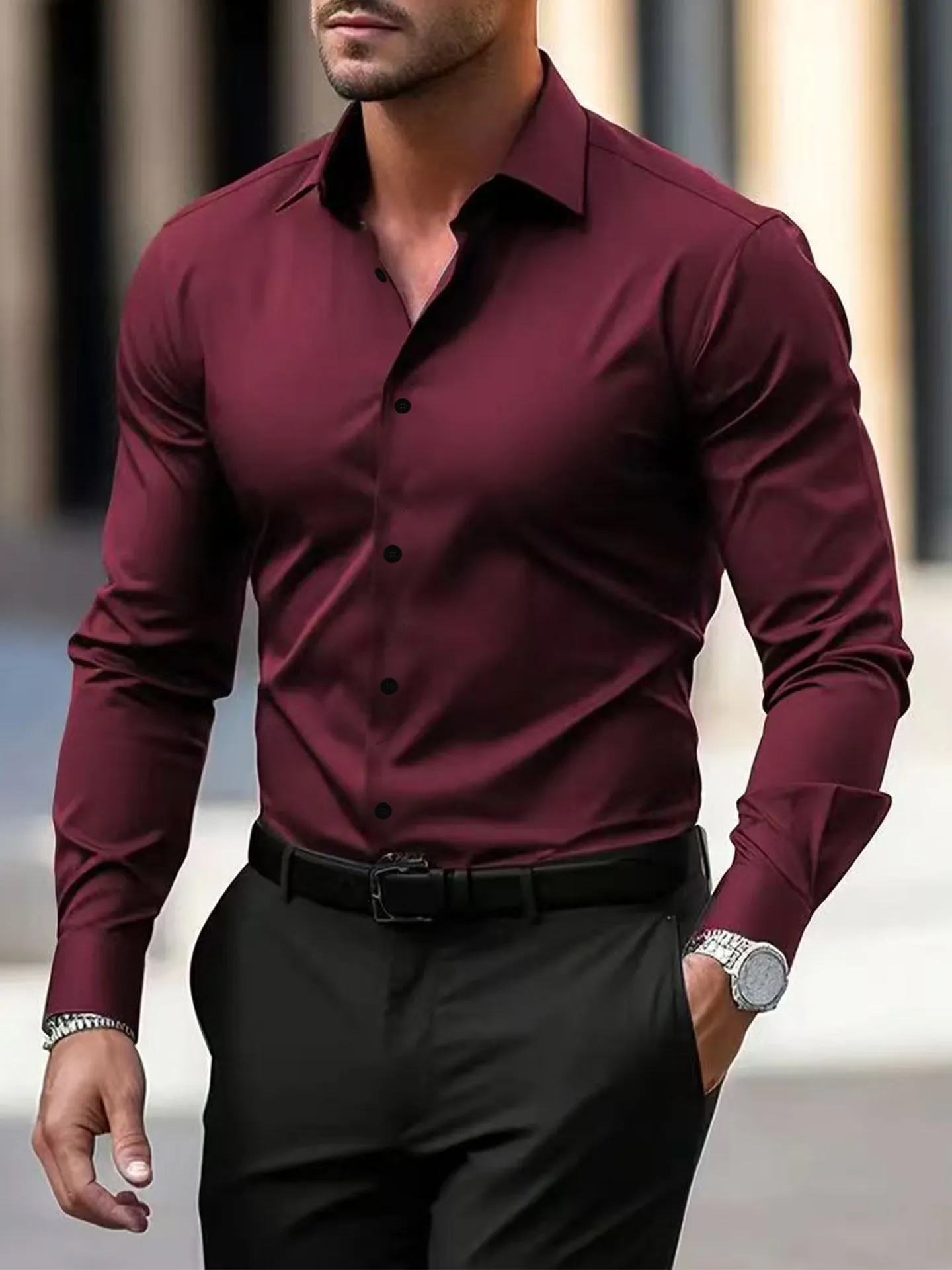 Men's long sleeve solid colour button down shirt with lapel collar in navy blue polyester velvet fabric