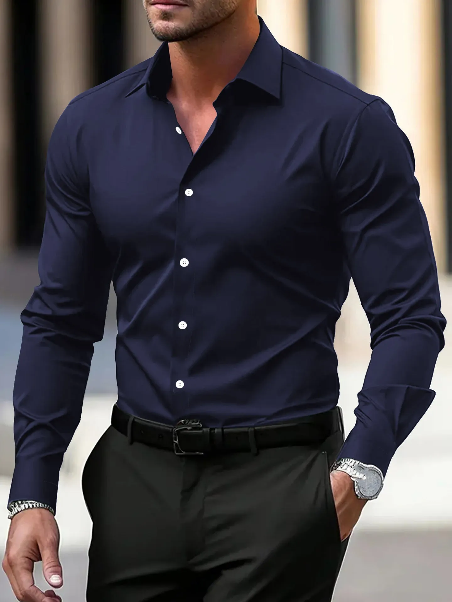 Men's long sleeve solid colour button down shirt with lapel collar in navy blue polyester velvet fabric