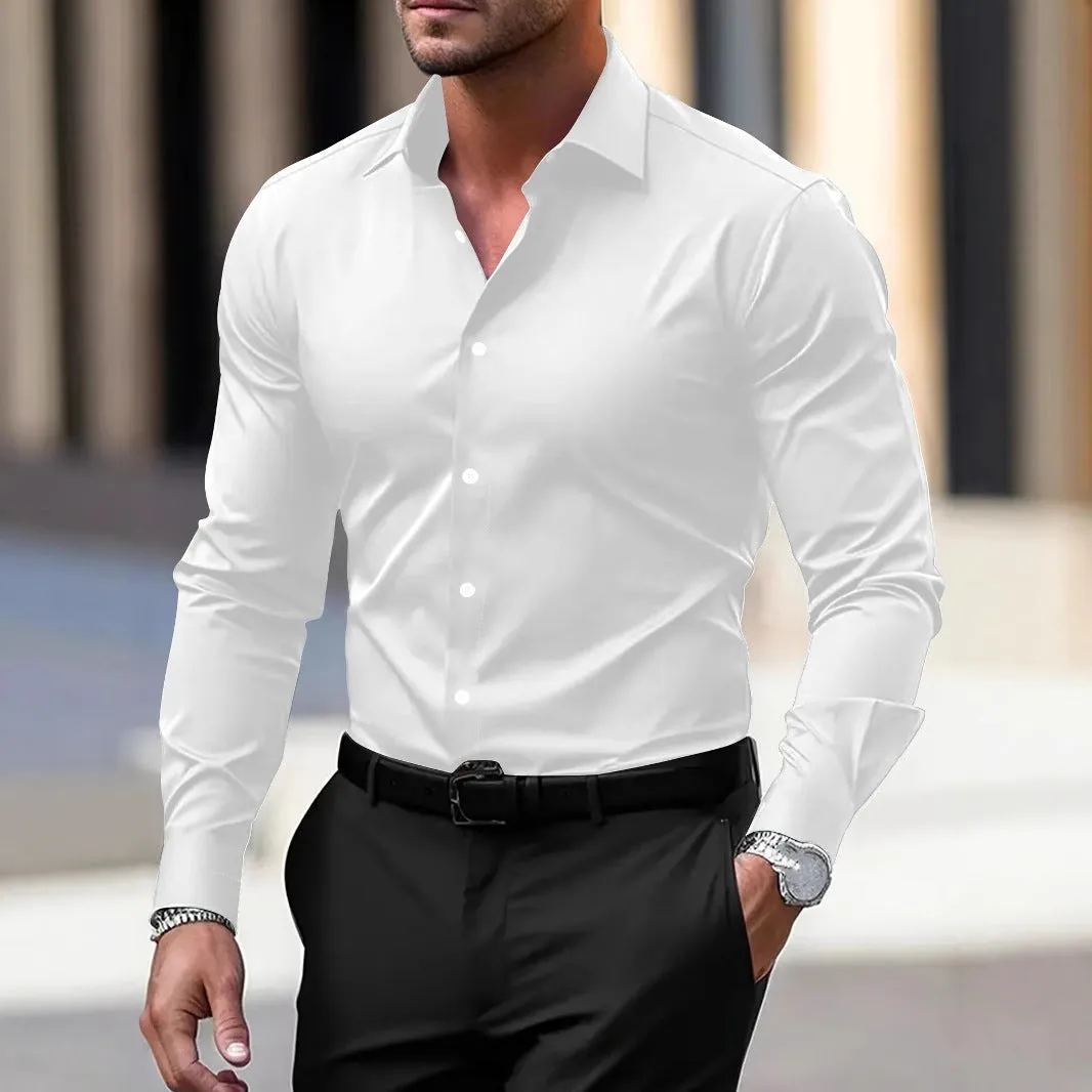Men's long sleeve solid colour button down shirt with lapel collar in navy blue polyester velvet fabric