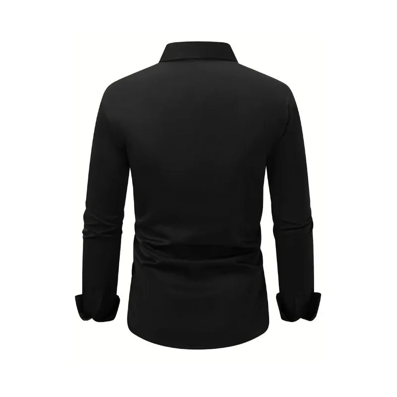 Men's long sleeve solid colour button down shirt with lapel collar in navy blue polyester velvet fabric