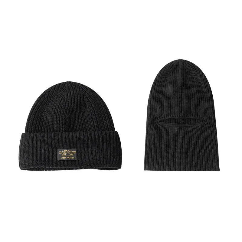 Vintage knitted melon-skin warm beanie in black with street-style patch detail, adjustable size, unisex design.