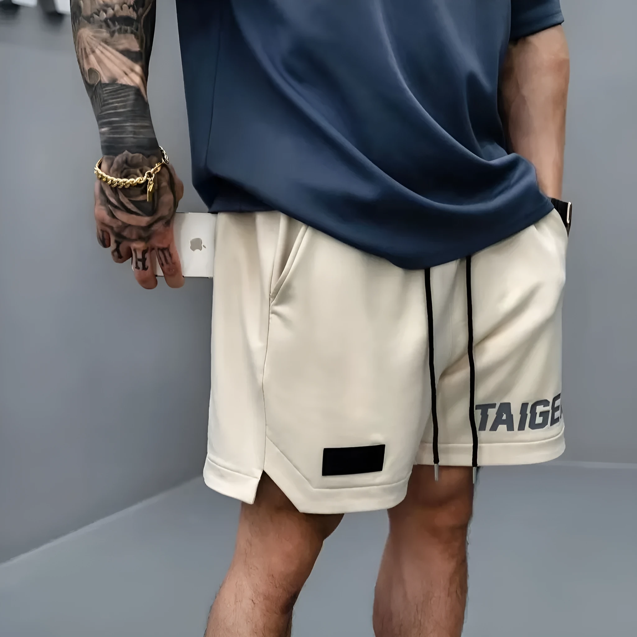 Loose men's side zipper shorts in khaki for fitness exercise running cotton blend moisture absorption