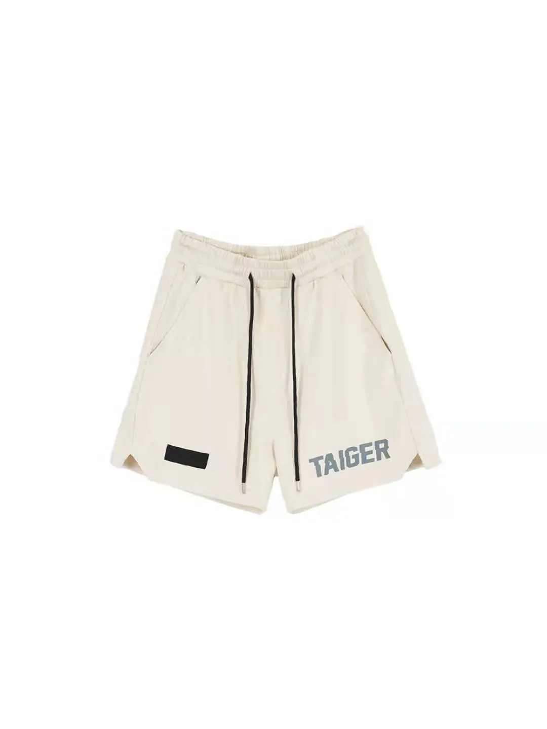 Loose men's side zipper shorts in khaki for fitness exercise running cotton blend moisture absorption