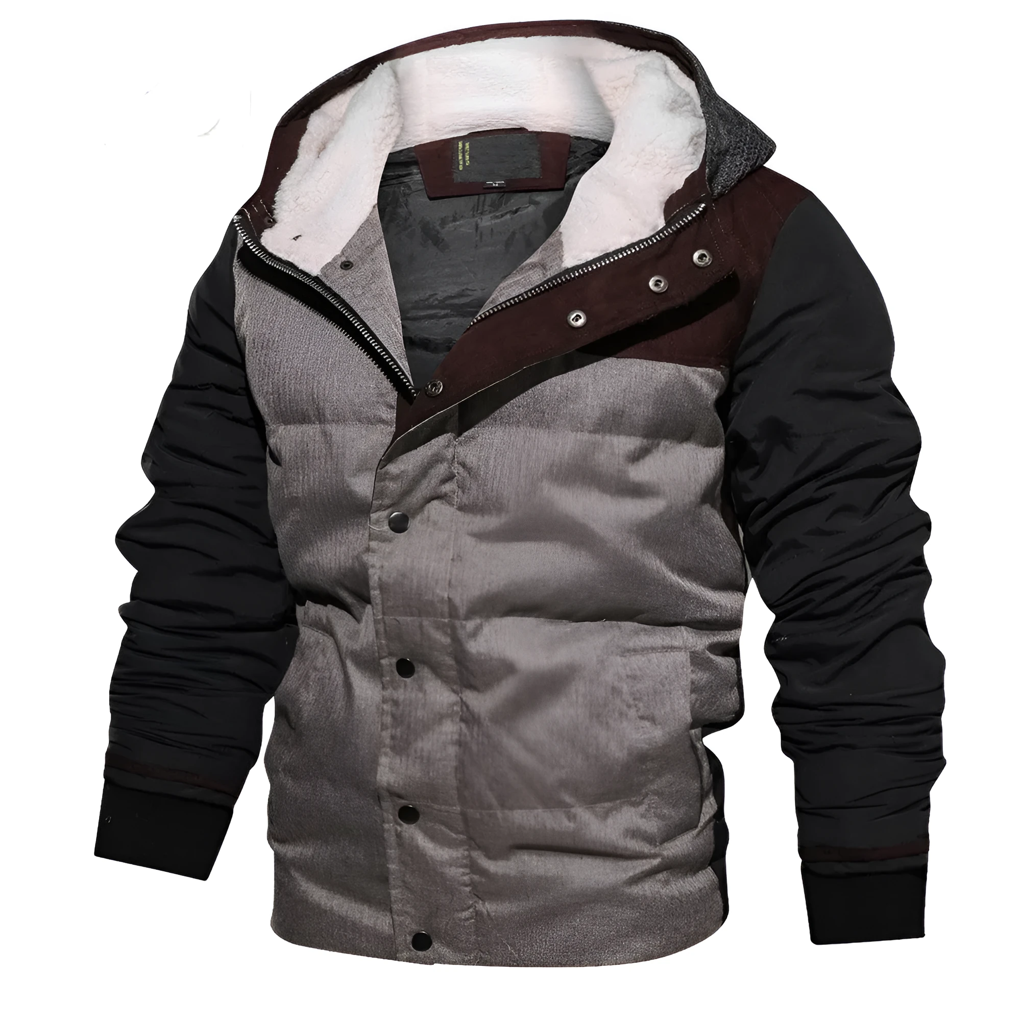 Men's grey cardigan jacket with cotton filling, zip front, loose fit, plain polyester fabric, hit colour design, Asian sizing