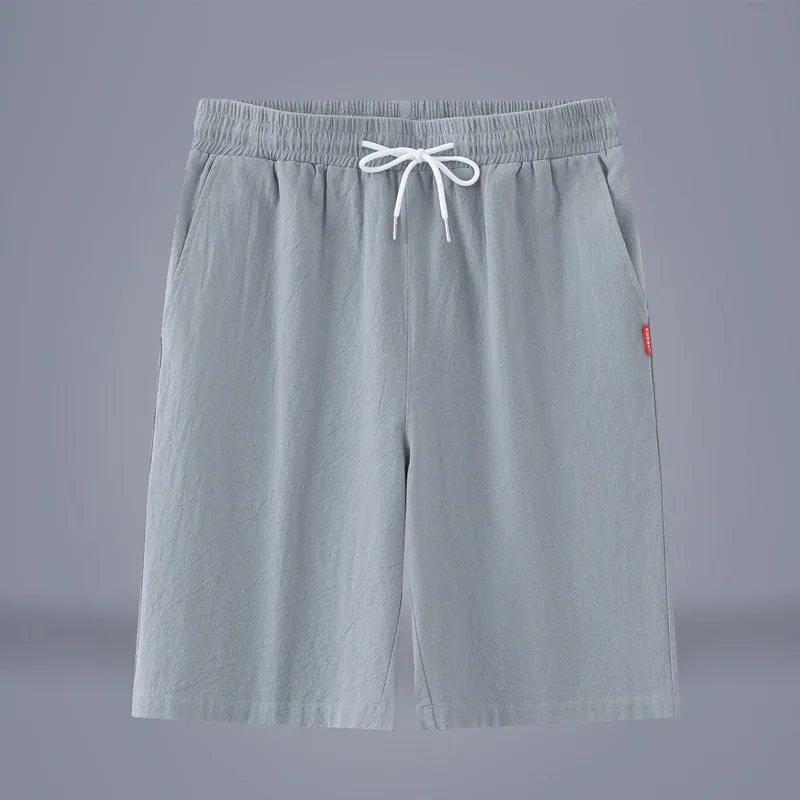 Chinese style cotton linen cropped trousers in solid colours with drawstring waist