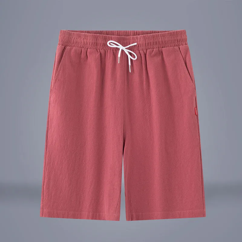 Chinese style cotton linen cropped trousers in solid colours with drawstring waist