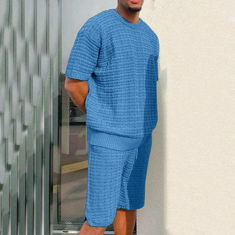Men's summer suit two-piece outfit with loose fit shirt and shorts in polyester, multiple colours available