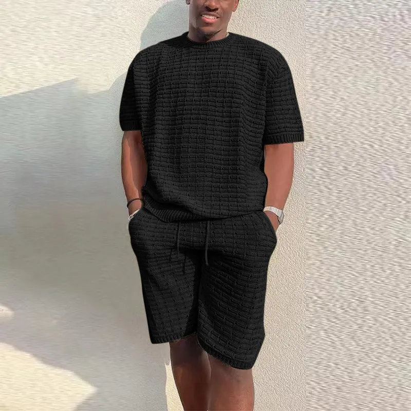 Men's summer suit two-piece outfit with loose fit shirt and shorts in polyester, multiple colours available