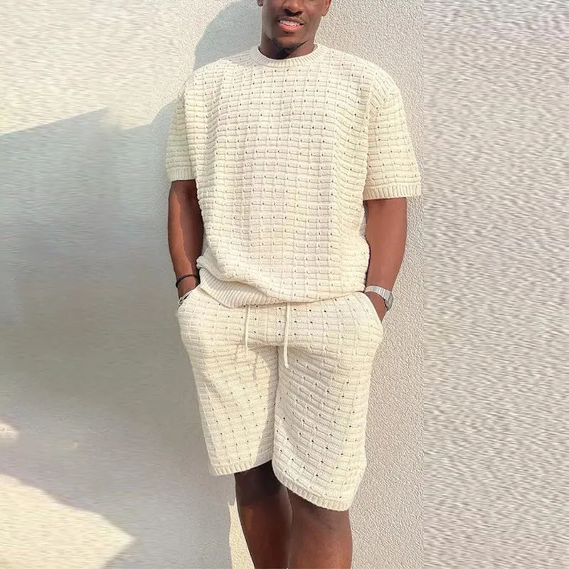 Men's summer suit two-piece outfit with loose fit shirt and shorts in polyester, multiple colours available
