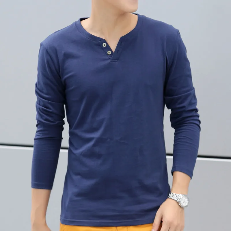 Casual men's linen V-neck t-shirt with button detail in black, size M to 4XL