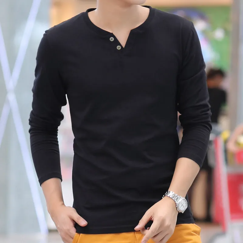 Casual men's linen V-neck t-shirt with button detail in black, size M to 4XL