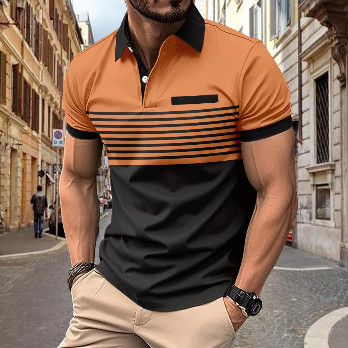 Casual striped shirt with chest pocket for men, loose fit, available in multiple colours