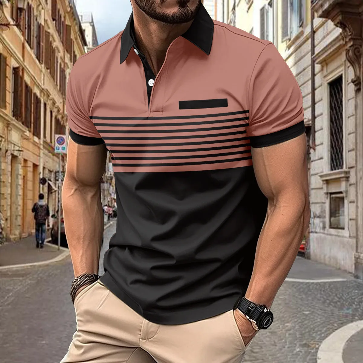 Casual striped shirt with chest pocket for men, loose fit, available in multiple colours