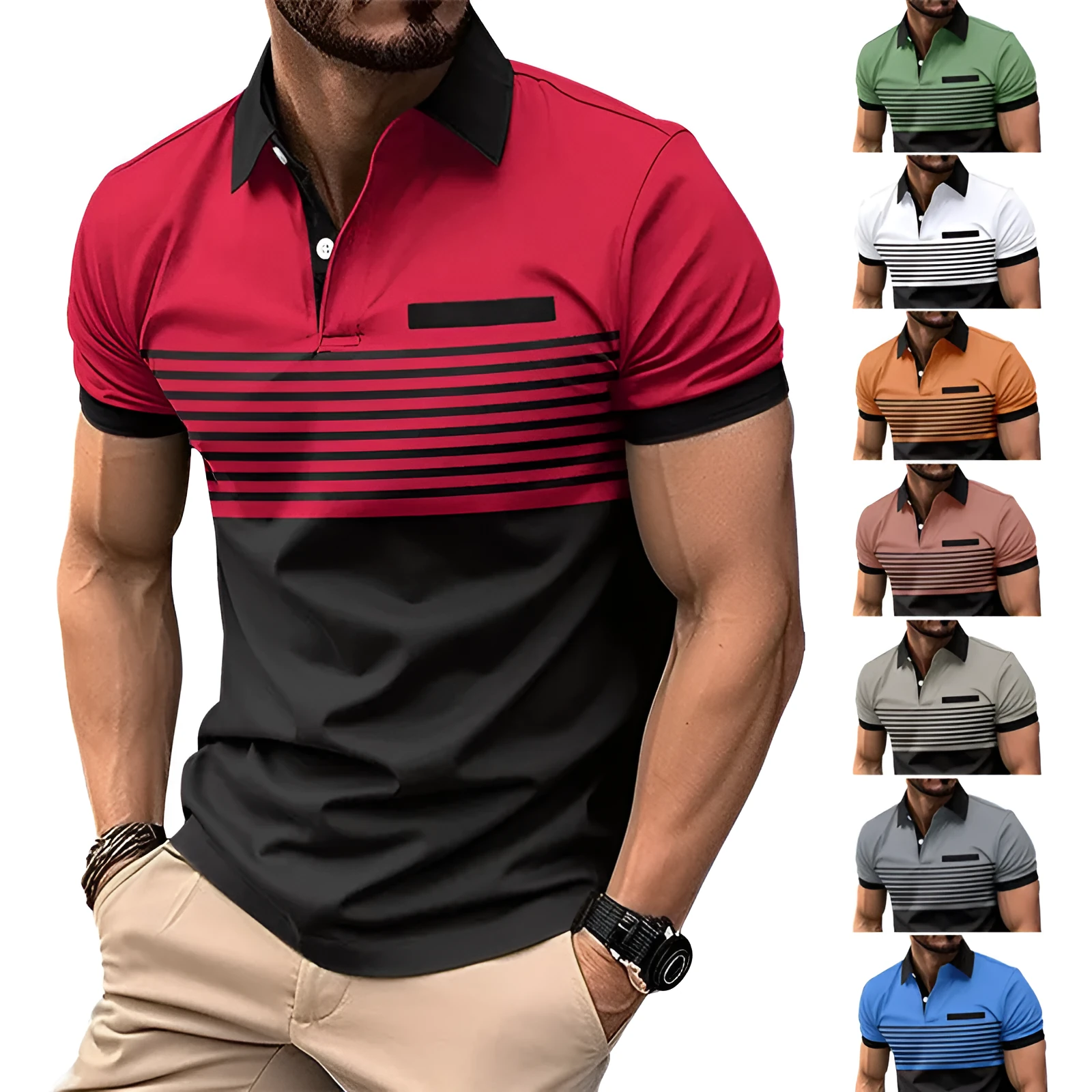 Casual striped shirt with chest pocket for men, loose fit, available in multiple colours