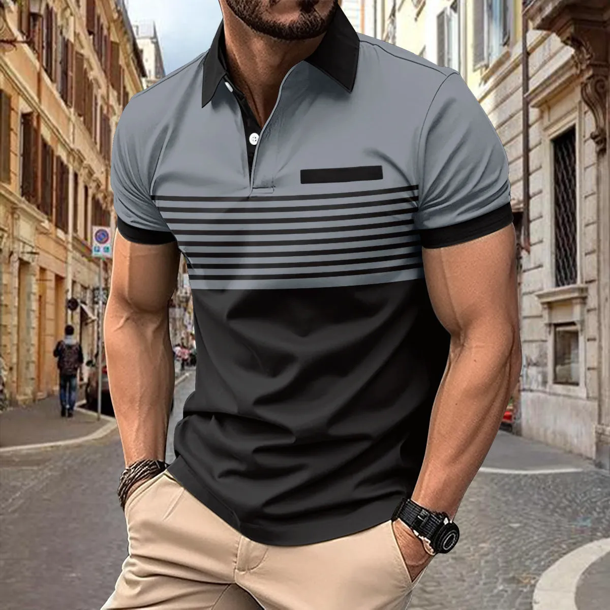 Casual striped shirt with chest pocket for men, loose fit, available in multiple colours