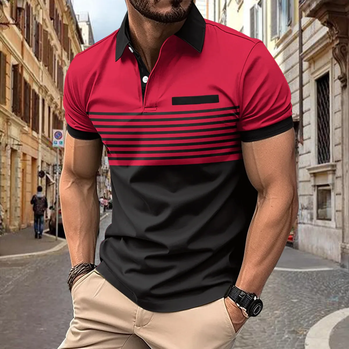Casual striped shirt with chest pocket for men, loose fit, available in multiple colours
