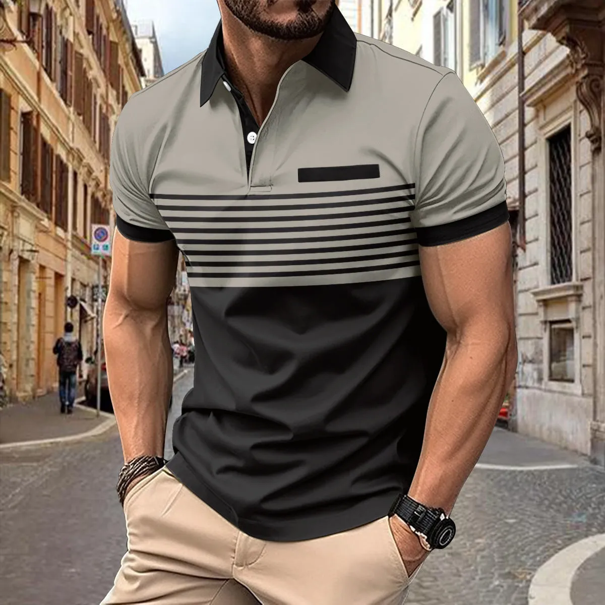 Casual striped shirt with chest pocket for men, loose fit, available in multiple colours