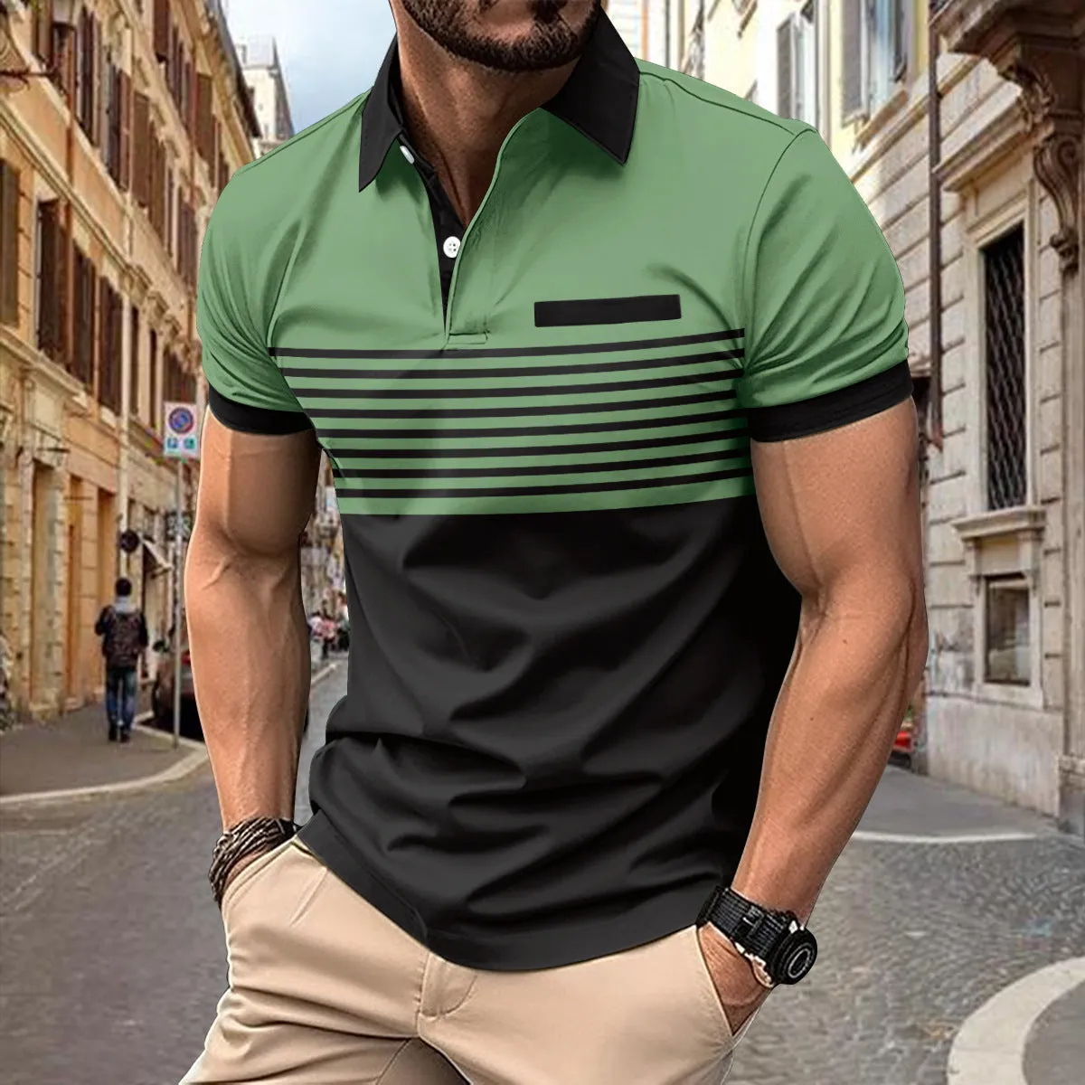 Casual striped shirt with chest pocket for men, loose fit, available in multiple colours