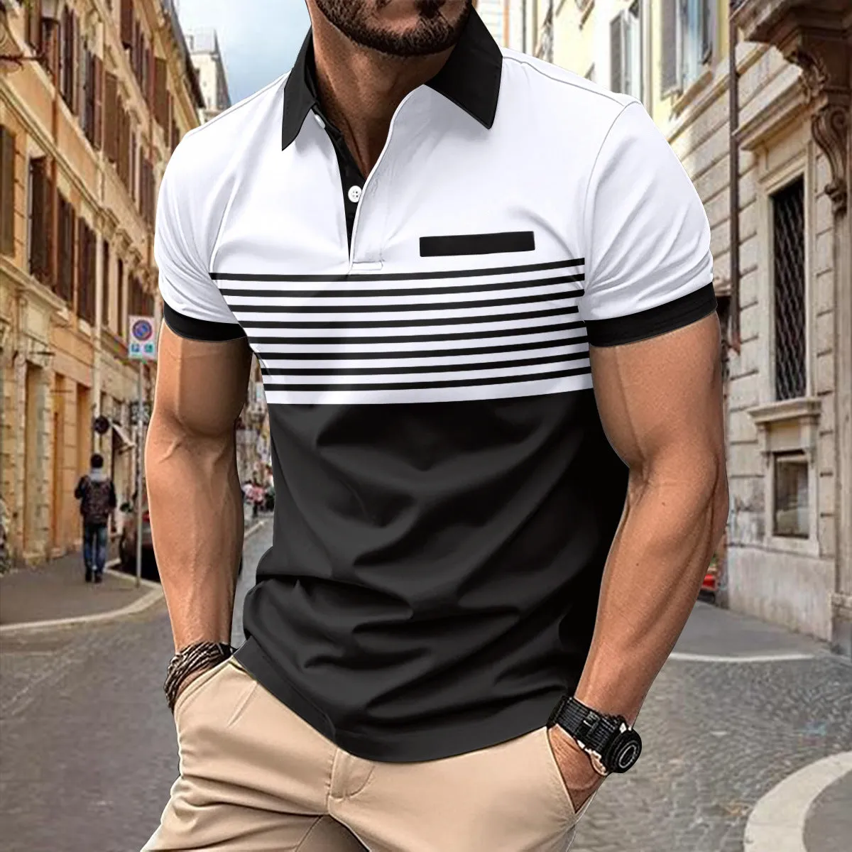 Casual striped shirt with chest pocket for men, loose fit, available in multiple colours