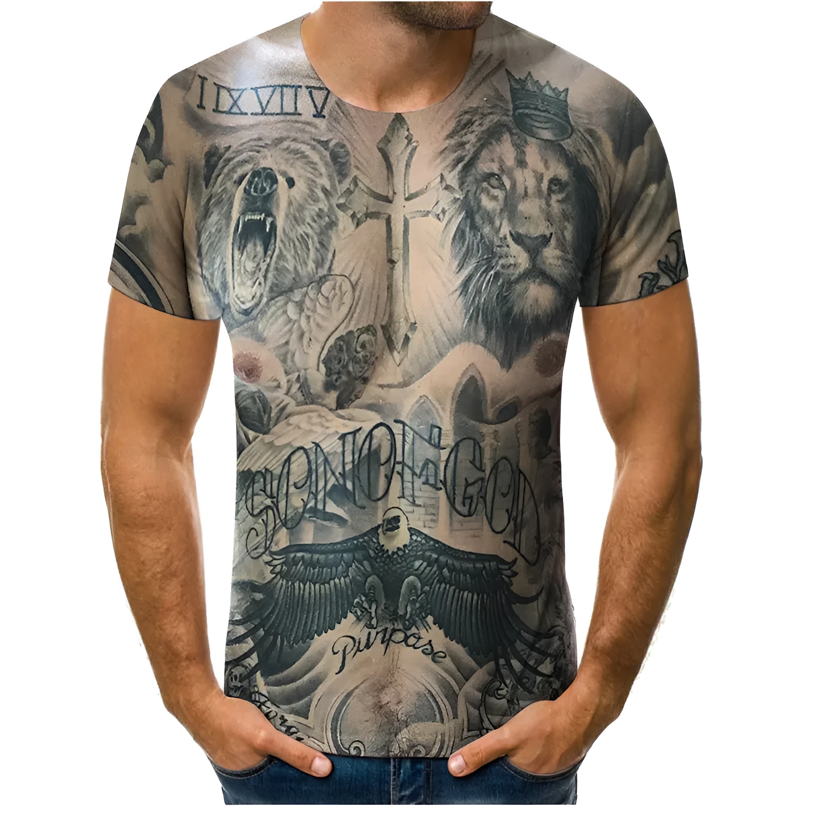 Milk silk muscular man printed short sleeve t-shirt with round neck, loose fit, available in multiple sizes