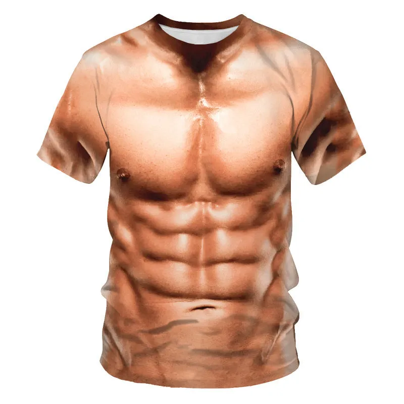 Milk silk muscular man printed short sleeve t-shirt with round neck, loose fit, available in multiple sizes
