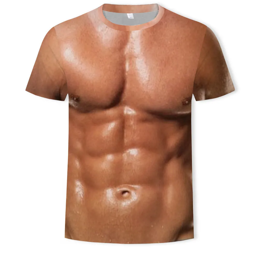 Milk silk muscular man printed short sleeve t-shirt with round neck, loose fit, available in multiple sizes