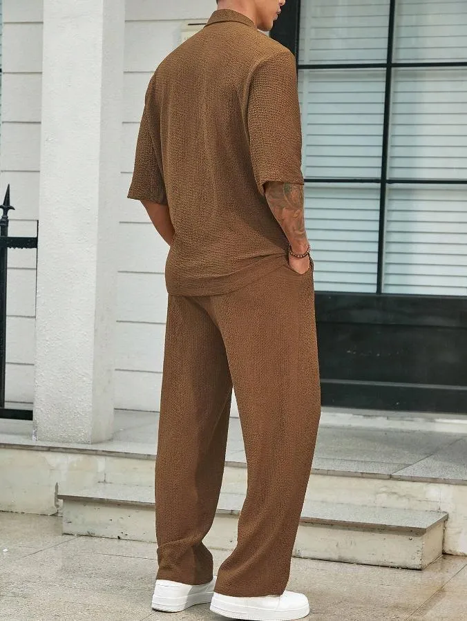 Men's cotton short-sleeved top and loose straight trousers casual suit in khaki for summer commuter wear