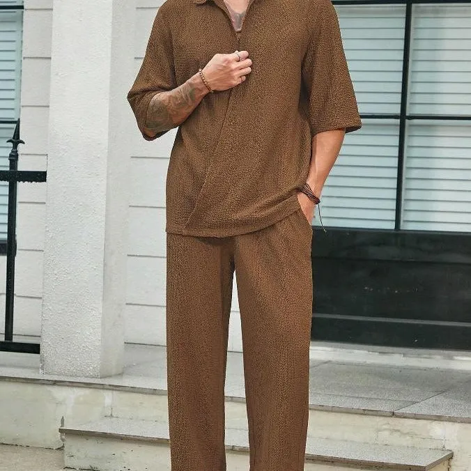 Men's cotton short-sleeved top and loose straight trousers casual suit in khaki for summer commuter wear